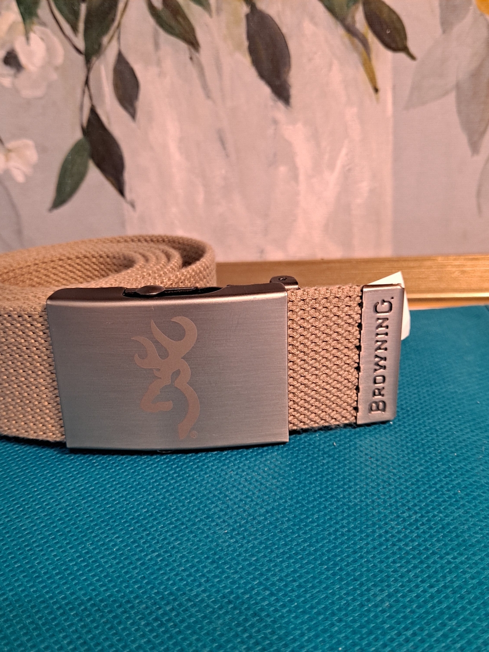 Browning Men's Tan Canvas Webbing Belt with Buckmark Brushed Metal Buckle